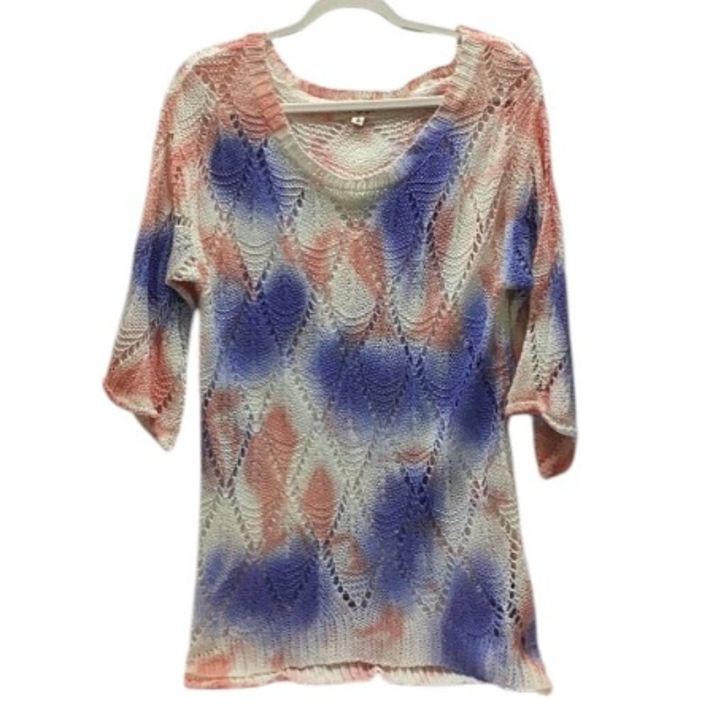 💙#100 POL CROCHET SWEATER -XS WHITE BLUE PINK